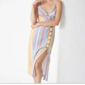 Urban Outfitters Striped Linen Sundress Button Down V Neck Midi Womens
